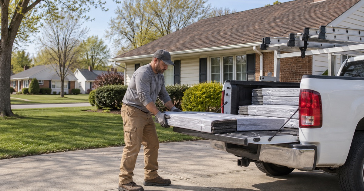 A roofer sliding a bundle of shingles off the tailgate of a work pickup in a Vineland driveway at the start of a re-roof.
