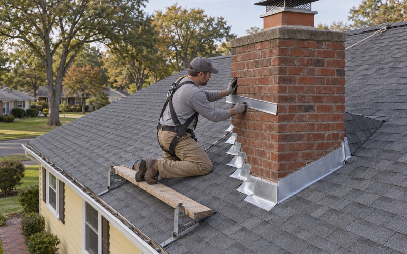 New counter flashing let into a cut mortar joint on the brick chimney of a 1950s ranch in Vineland, over woven step flashing.