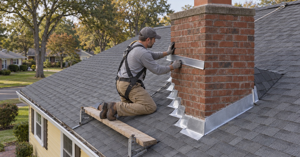 New counter flashing let into a cut mortar joint on the brick chimney of a 1950s ranch in Vineland, over woven step flashing.