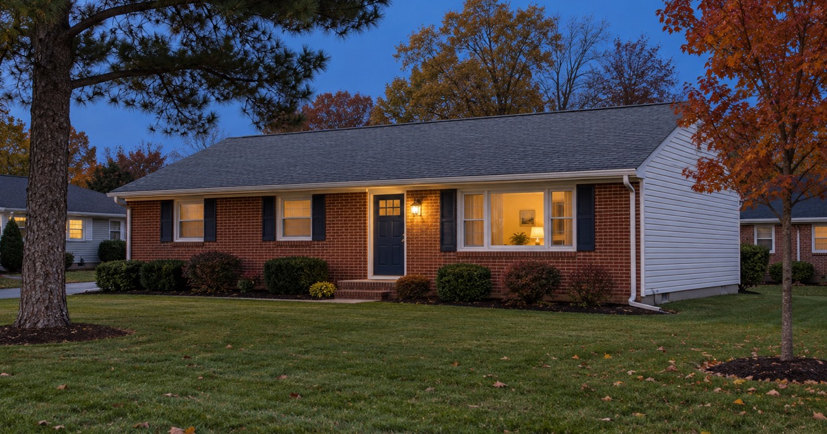 A finished new gray shingle roof on a Vineland ranch at dusk, the porch light on and the street quiet.