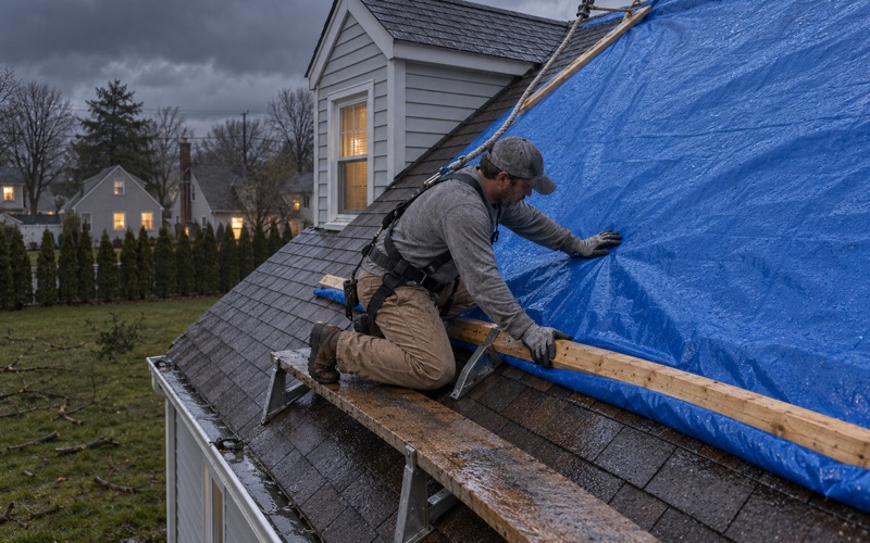 A blue tarp wrapped over the ridge and battened down on a storm-damaged Vineland Cape Cod on a wet, windy evening.