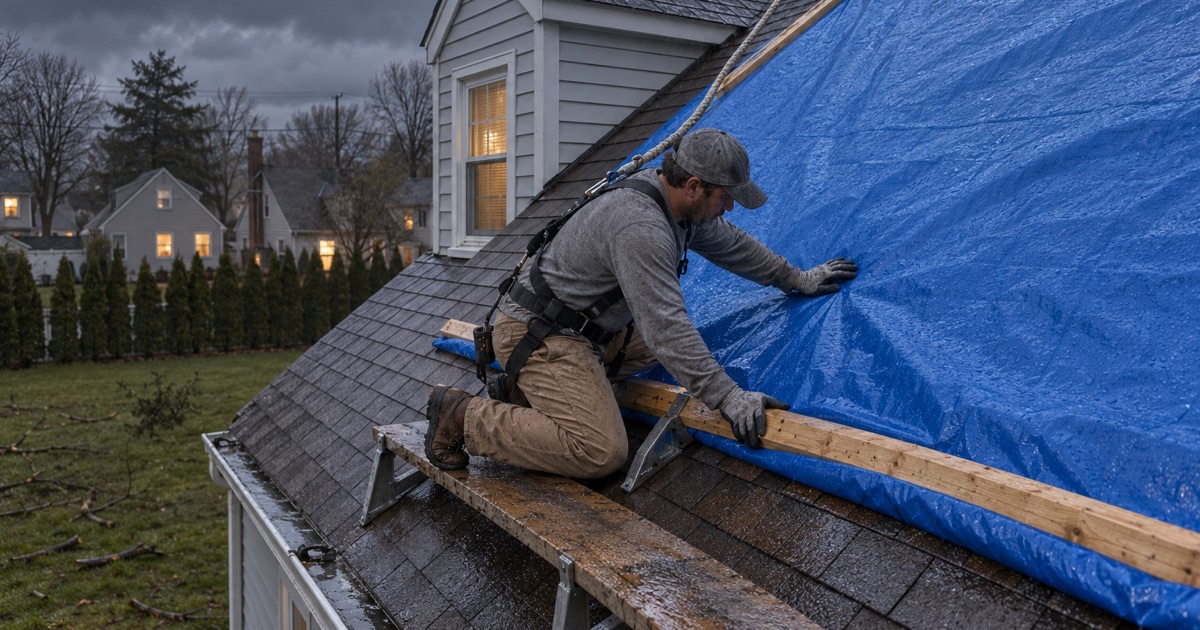 A blue tarp wrapped over the ridge and battened down on a storm-damaged Vineland Cape Cod on a wet, windy evening.