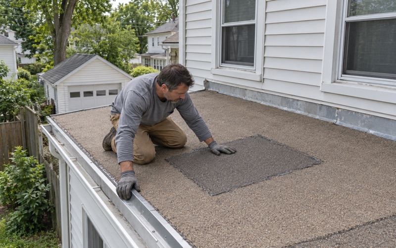 A patch of granulated cap sheet pressed over a split in the flat roof of a rear kitchen extension on an older Vineland house.