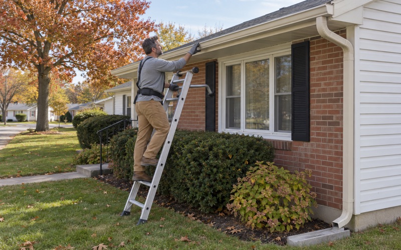 A new seamless gutter guided into its hidden hangers along the fascia of a 1960s ranch in Vineland, with the downspout at the corner.
