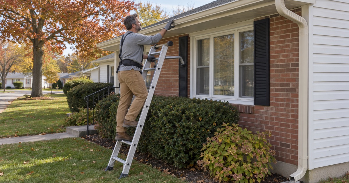 A new seamless gutter guided into its hidden hangers along the fascia of a 1960s ranch in Vineland, with the downspout at the corner.