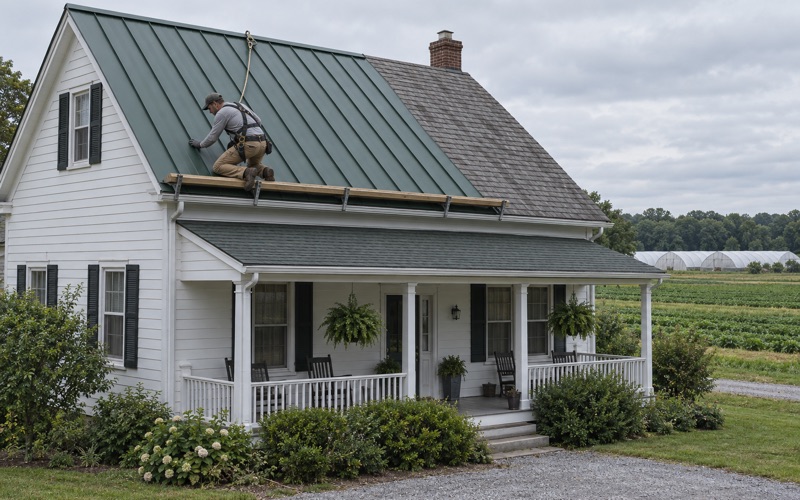 Dark green standing-seam steel panels going onto a 1940s farmhouse at the edge of Vineland's farm fields.