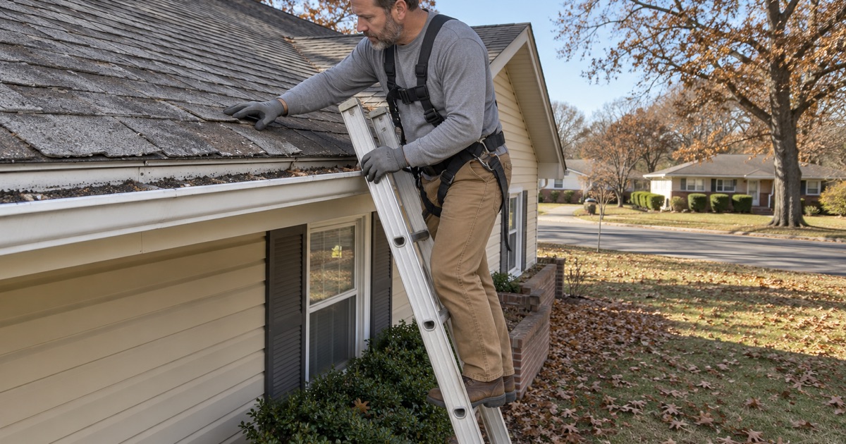 A roofer at eave height on a ladder checking curled, worn shingles on a 1970s Vineland ranch, granules collected in the gutter.