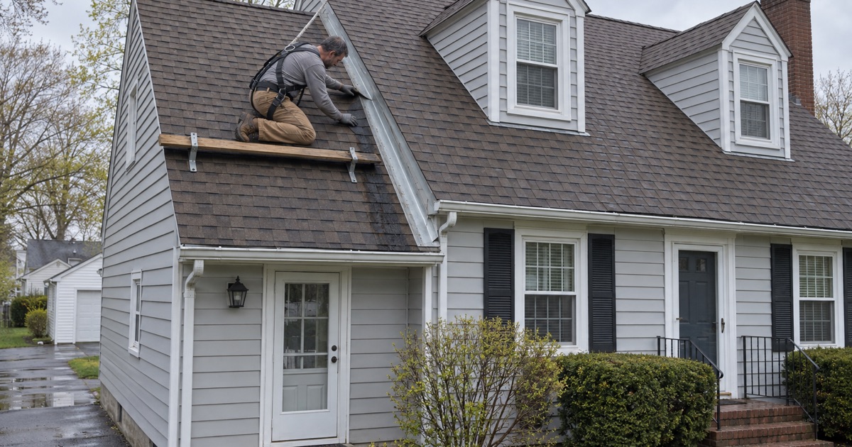 A roofer checking the metal valley where two roof slopes meet on a 1950s Cape Cod in Vineland, the usual start of a leak.