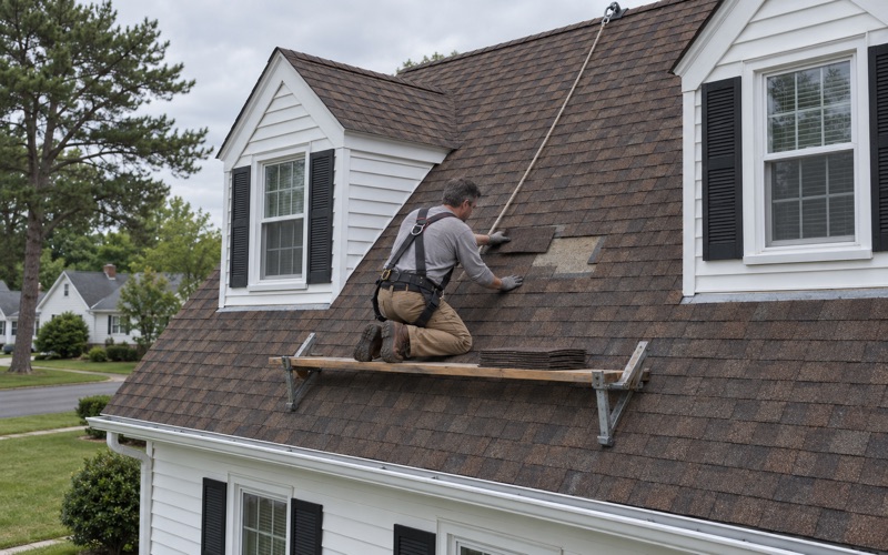 A roofer sliding a matching shingle into a gap on the front slope of a 1950s Cape Cod in Vineland.