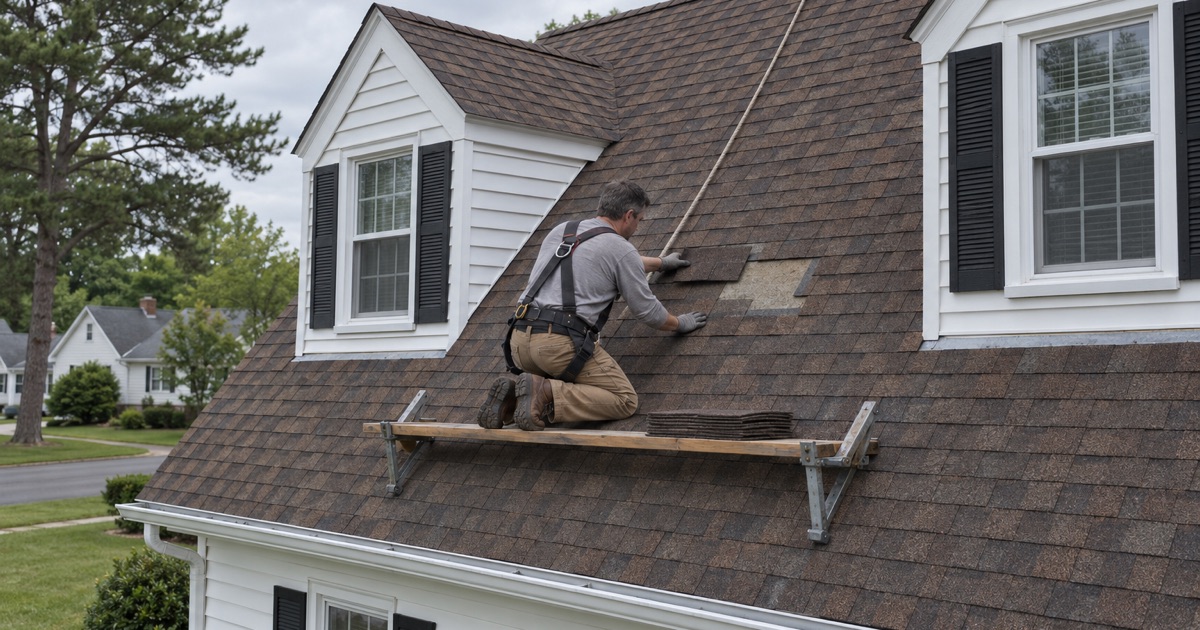 A roofer sliding a matching shingle into a gap on the front slope of a 1950s Cape Cod in Vineland.