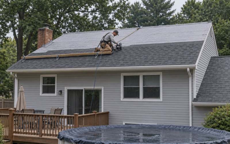 New charcoal shingles nailed up the rear slope of a 1970s split-level in Vineland during a full roof replacement.