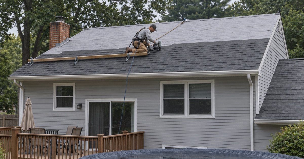 New charcoal shingles nailed up the rear slope of a 1970s split-level in Vineland during a full roof replacement.