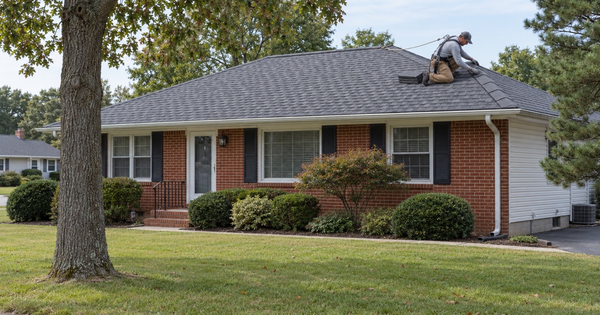 A roofer laying the hip cap on a new gray shingle roof over a 1950s brick-front ranch on a wide, flat Vineland street.