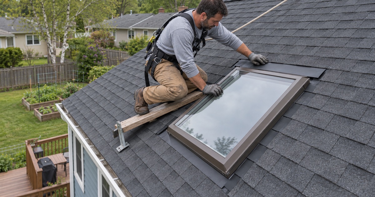 Step flashing woven up the sides of a new skylight on the rear slope of a Vineland ranch, the head flashing going in above it.