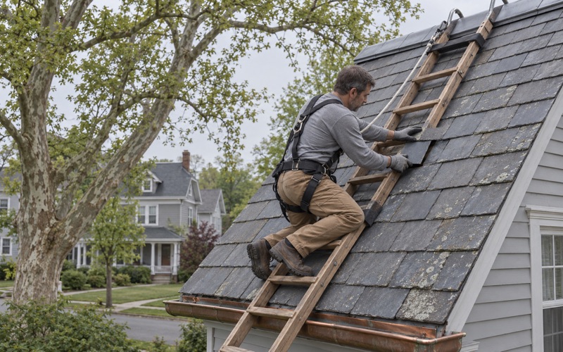 A replacement slate slid into a gap from a roof ladder on the steep roof of a 1920s house on one of Vineland's older streets.